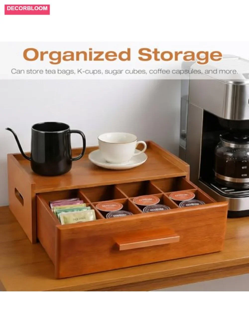 Acacia Wooden Tea Bag Organizer Storage Box with Drawers